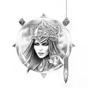 Warrior princess with a falcon companion, both wearing crystal amulets for protection tattoo design idea