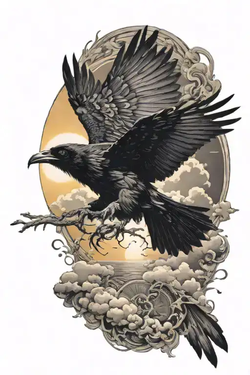 raven flies against the background of the sun rising tattoo design idea
