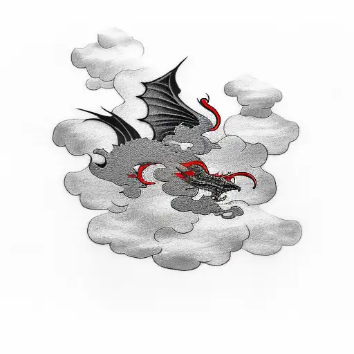 tatoo in black red and grey of a dragon flying across clouds and flowers tattoo design idea
