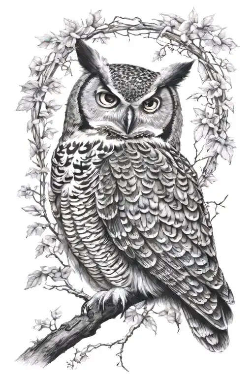 great horned owl in a forest filled tattoo design idea