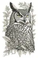 great horned owl in a forest filled tattoo design idea