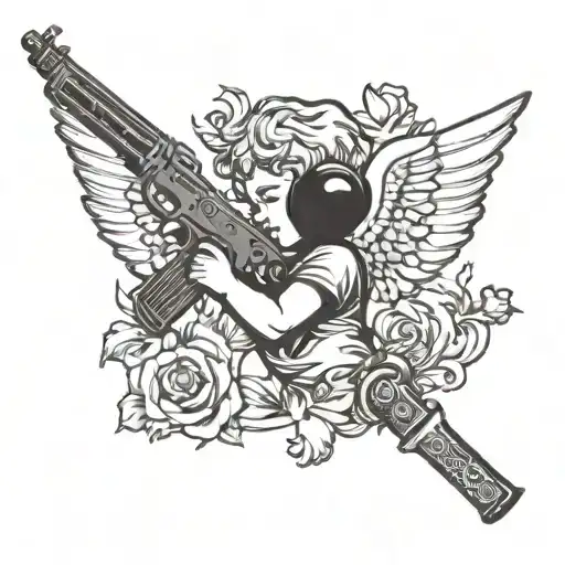 cherub with gun and semi colon incorporated tattoo design idea