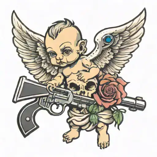 cherub with gun and semi colon incorporated tattoo design idea