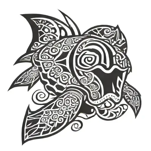 Polynesian turtle with Tiki mask, wave and shark tooth tattoo design idea