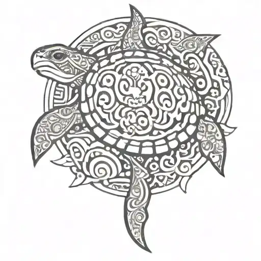 Polynesian turtle with Tiki mask, wave and shark tooth tattoo design idea