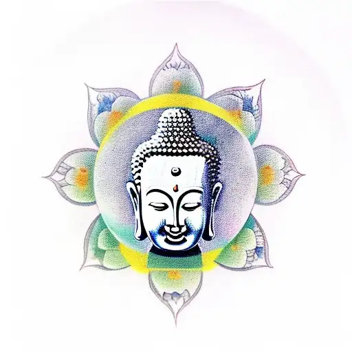 buddha with lotus behind his head, sitting on a globe with 7 chakkras rotating around it tattoo design idea