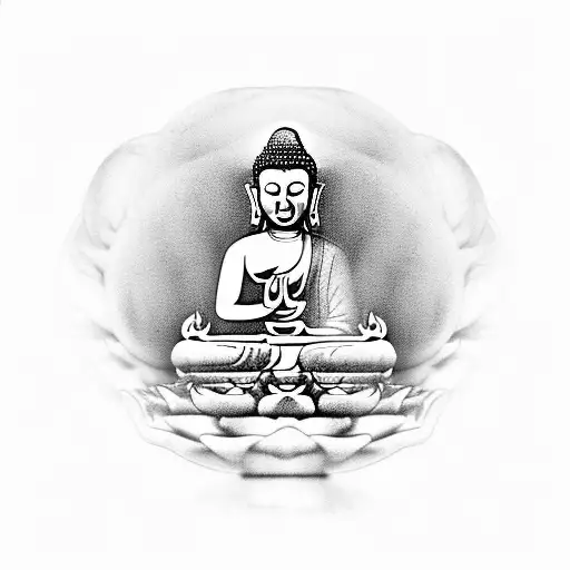 buddha with lotus behind his head, sitting on a globe with 7 chakkras rotating around it tattoo design idea