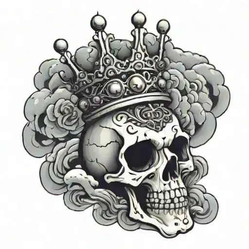 A skellington wearing a crown surronded by clouds and shading in a sleeve tattoo  tattoo design idea