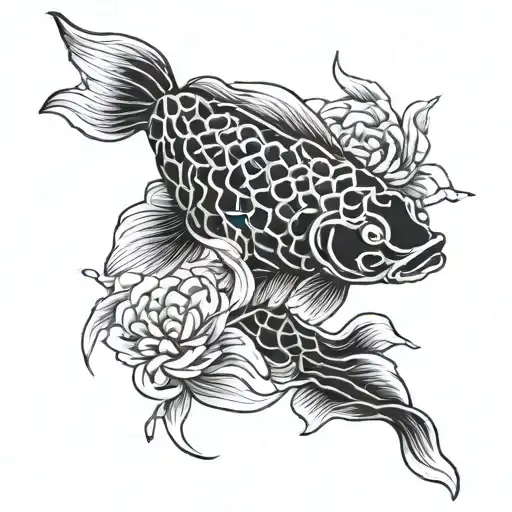 An intricate black and grey Japanese koi fish swimming through a serene garden pond tattoo design idea