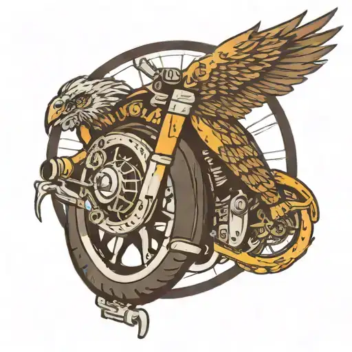 A motorcycle wheel being held by an eagle claw tattoo design idea