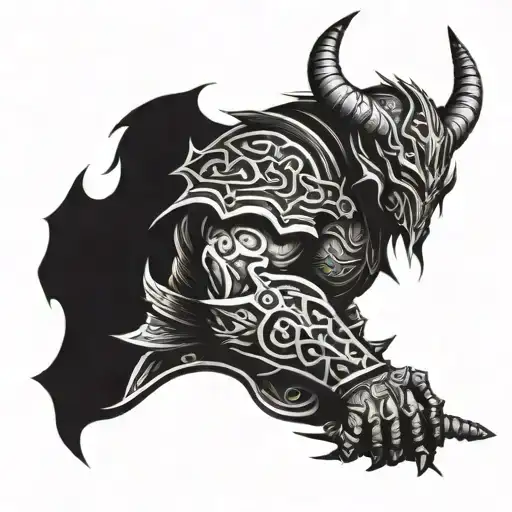 A demon warrior with intricate armor and weapons tattoo design idea