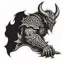 A demon warrior with intricate armor and weapons tattoo design idea