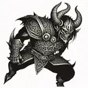 A demon warrior with intricate armor and weapons tattoo design idea