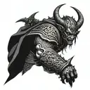 A demon warrior with intricate armor and weapons tattoo design idea