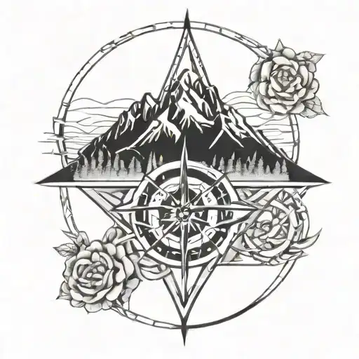 Trinity knot as a compass and mountains in the background with a stream.  tattoo design idea