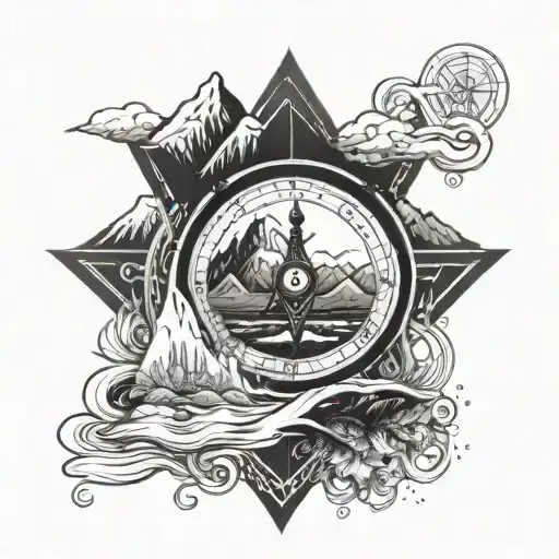 Trinity knot with a compass and mountains in the background with a creek.  tattoo design idea