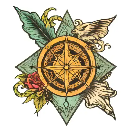 Trinity knot wrapped in a compass with mountains in the background with a creek.  tattoo design idea