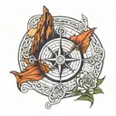Celtic Trinity knot wrapped in a compass with mountains in the background with a creek.  tattoo design idea