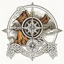 Celtic Trinity knot wrapped in a compass with mountains in the background with a creek.  tattoo design idea
