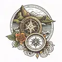 Celtic Trinity knot wrapped in a compass with mountains in the background with a creek.  tattoo design idea