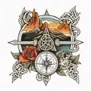 Celtic Trinity knot wrapped in a compass with mountains in the background with a creek.  tattoo design idea