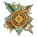 Trinity knot wrapped in a compass with mountains in the background with a creek.  tattoo design idea