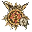 Trinity knot wrapped in a compass with mountains in the background with a creek.  tattoo design idea