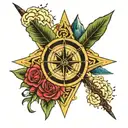 Trinity knot wrapped in a compass with mountains in the background with a creek.  tattoo design idea