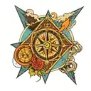 Trinity knot wrapped in a compass with mountains in the background with a creek.  tattoo design idea