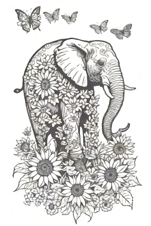 elephant and sunflowers tattoo design idea