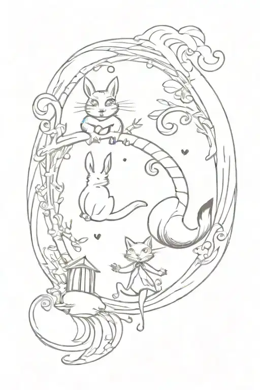 Alice in wonderland falling down the rabbit hole with the Cheshire cat, white rabbit, caterpillar. mad hatter. tattoo design idea