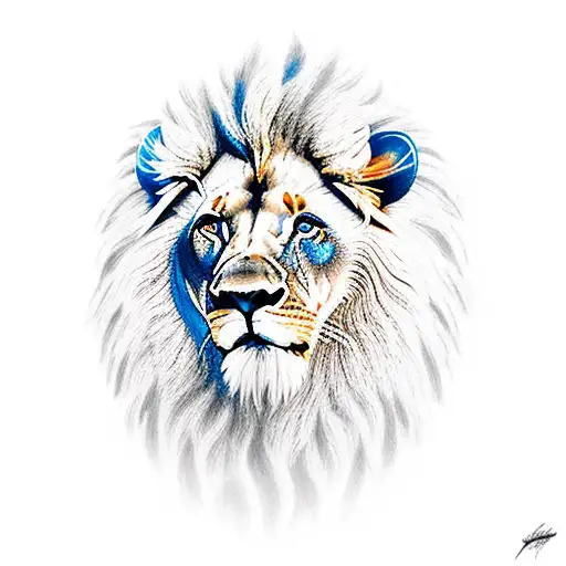 Lion colored with blue eyes color with peisaj montages  tattoo design idea