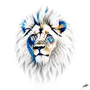 Lion colored with blue eyes color with peisaj montages  tattoo design idea