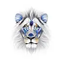 Lion colored with blue eyes color with peisaj montages  tattoo design idea