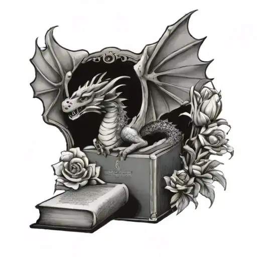 dragon peaking over book with flowers greyscale calft placement tattoo design idea