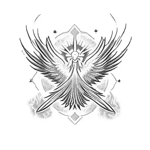 A celestial phoenix rising from the ashes, with the date 11-19-1987 to January 30th, 2024 incorporated into the design tattoo design idea