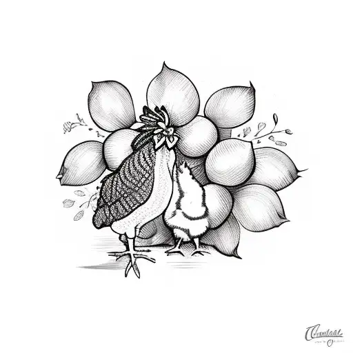 Chicken and chick with flowers and fruit tattoo design idea