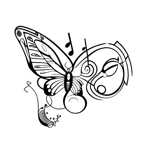 A trumpet and butterfly intertwined in a harmonious melody tattoo design idea