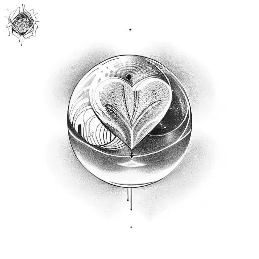 A dotwork tattoo of a crystal ball with a heart inside, emitting musical waves tattoo design idea
