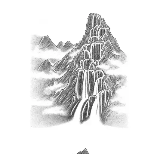 A powerful waterfall cascading down a mountain, with symbols of Candomblé hidden within the water tattoo design idea