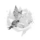 A flowing river surrounded by lush vegetation and colorful birds tattoo design idea