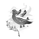 A flowing river surrounded by lush vegetation and colorful birds tattoo design idea