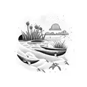 A flowing river surrounded by lush vegetation and colorful birds tattoo design idea