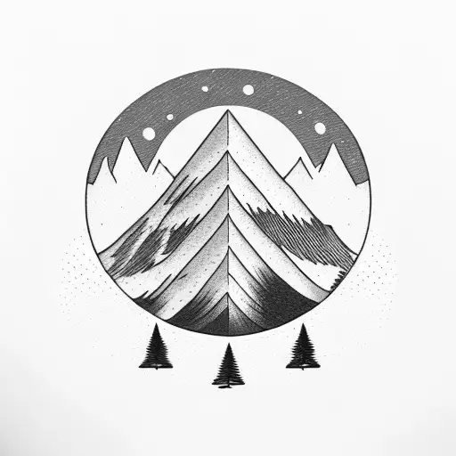 mountain peak, alpine tree ocean wave  tattoo design idea