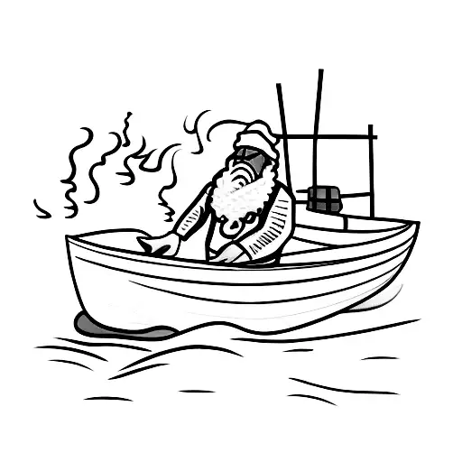 old fisherman in a boat cleaning his hand in the ocean for blood tattoo design idea