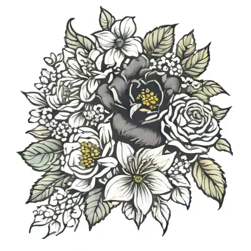 january, july, August, September and december  birth month flower bouquet    tattoo design idea