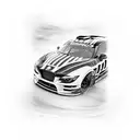 Race car speeding through a checkered flag tattoo design idea