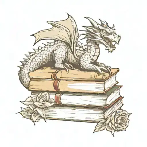 stack of books with dragon and a rose tattoo design idea