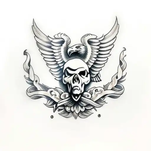 Roman style eagle holding skull tattoo design idea