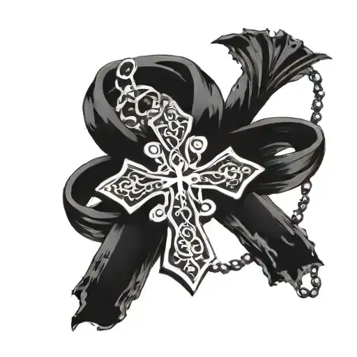 Orthodox cross in black on the shoulder area. Rosary wrap around the forearm below it tattoo design idea